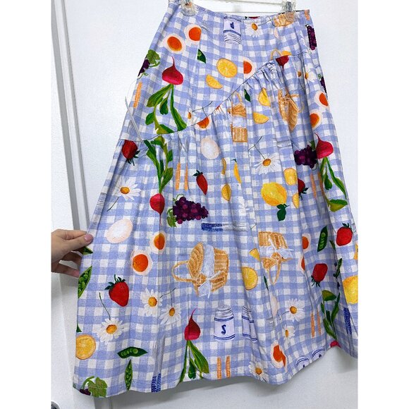 NWT Lisa Says Gah Maeve Picnic Alfresco Midi Skirt Food Vegetable Blue Gingham M - Picture 13 of 14